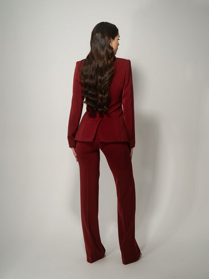 Burgundy Single-Breasted Pant Suit by Tia Dorraine Women's Luxury Fashion Designer Clothing Brand