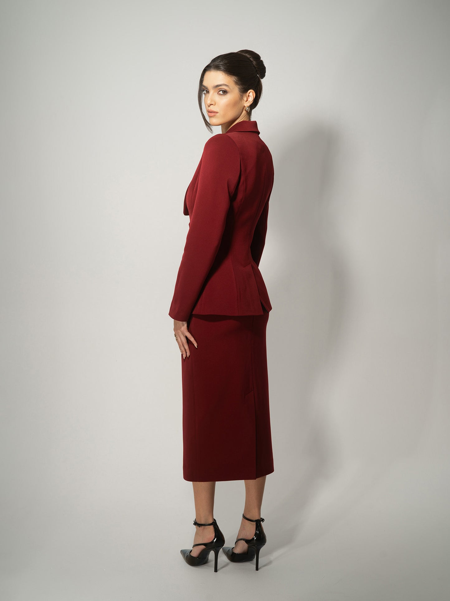 Burgundy Single-Breasted Skirt Suit by Tia Dorraine Women's Luxury Fashion Designer Clothing Brand