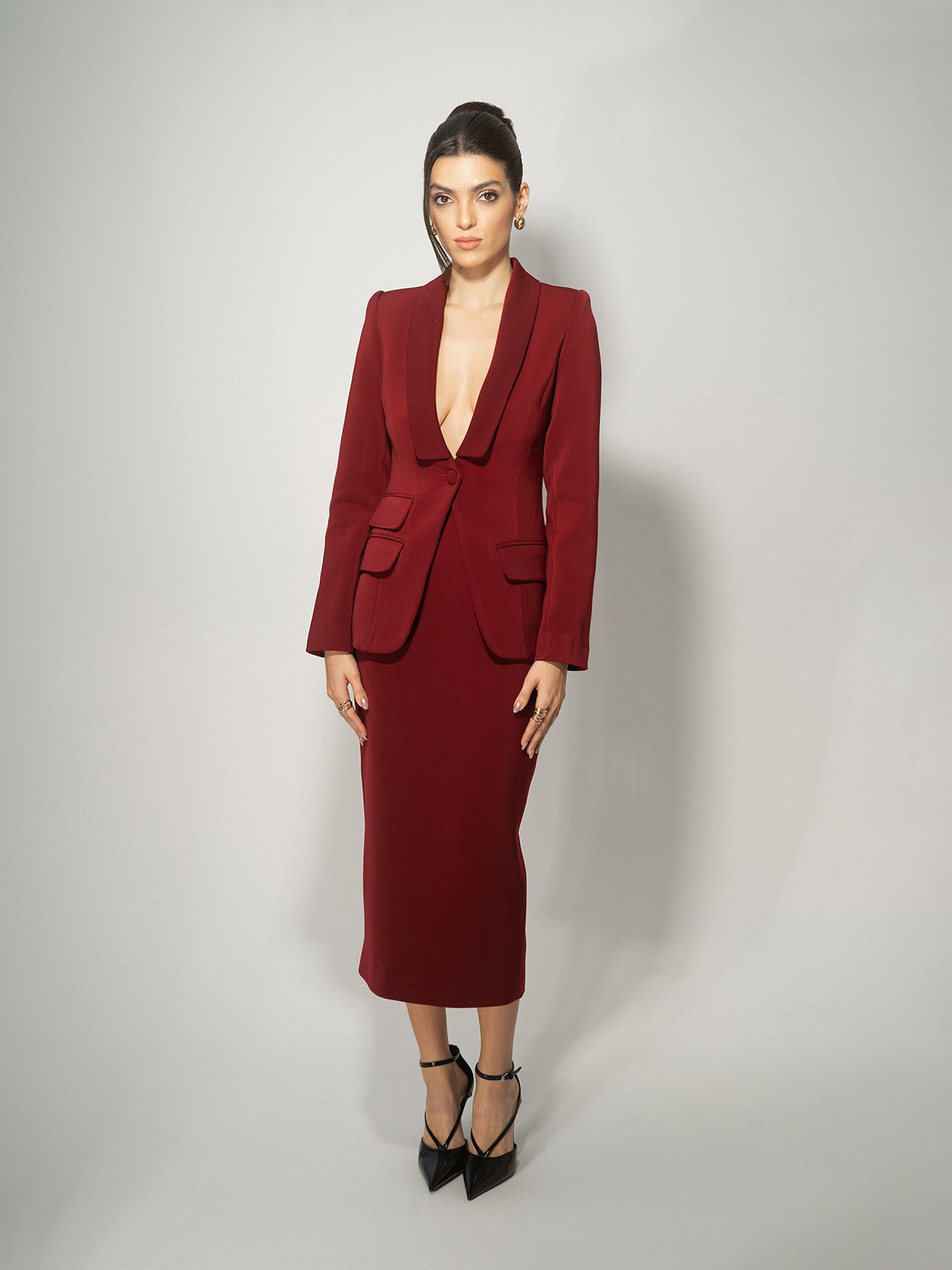 Burgundy Single-Breasted Skirt Suit by Tia Dorraine Women's Luxury Fashion Designer Clothing Brand