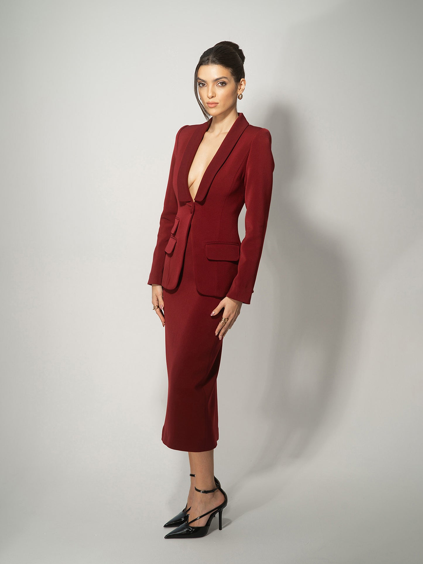 Burgundy Single-Breasted Skirt Suit by Tia Dorraine Women's Luxury Fashion Designer Clothing Brand