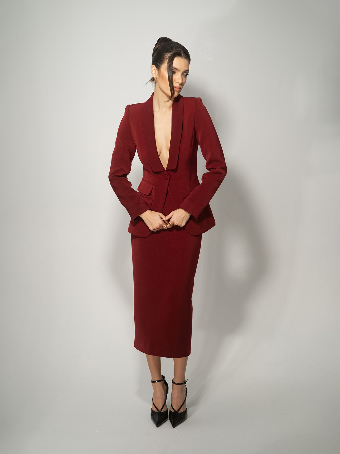 Burgundy Single-Breasted Skirt Suit by Tia Dorraine Women's Luxury Fashion Designer Clothing Brand