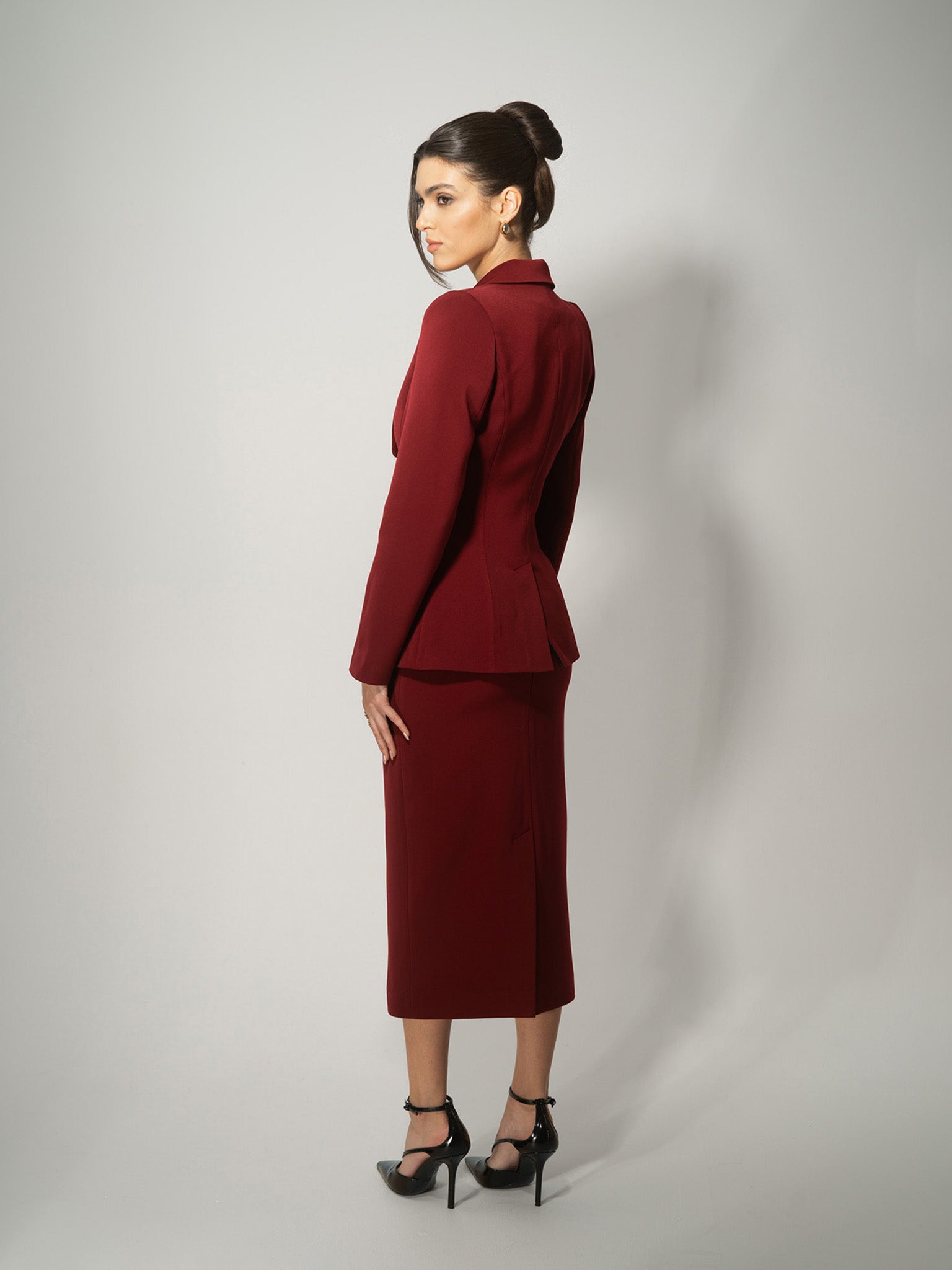 Burgundy Single-Breasted Skirt Suit by Tia Dorraine Women's Luxury Fashion Designer Clothing Brand