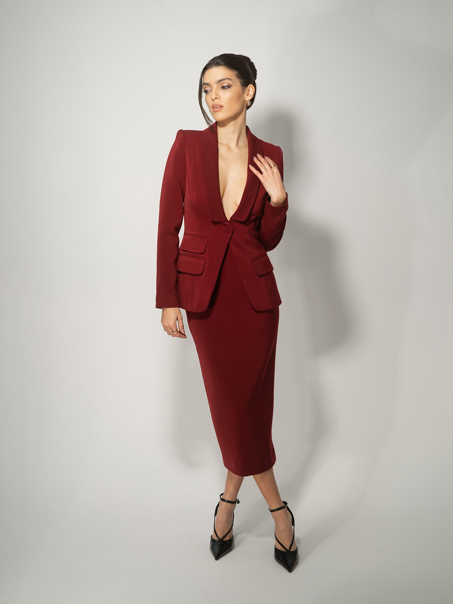 Burgundy Single-Breasted Skirt Suit by Tia Dorraine Women's Luxury Fashion Designer Clothing Brand