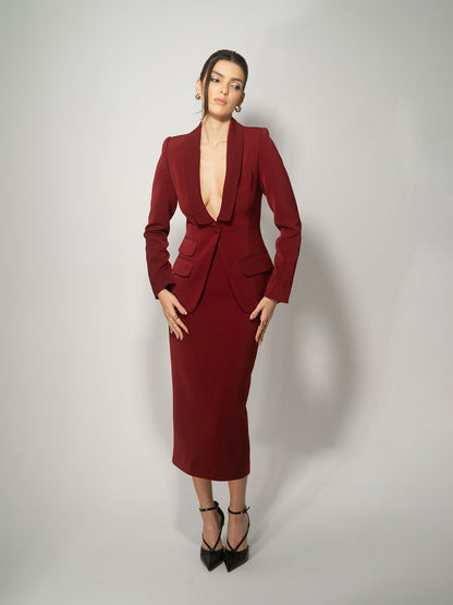 Burgundy Single-Breasted Skirt Suit by Tia Dorraine Women's Luxury Fashion Designer Clothing Brand