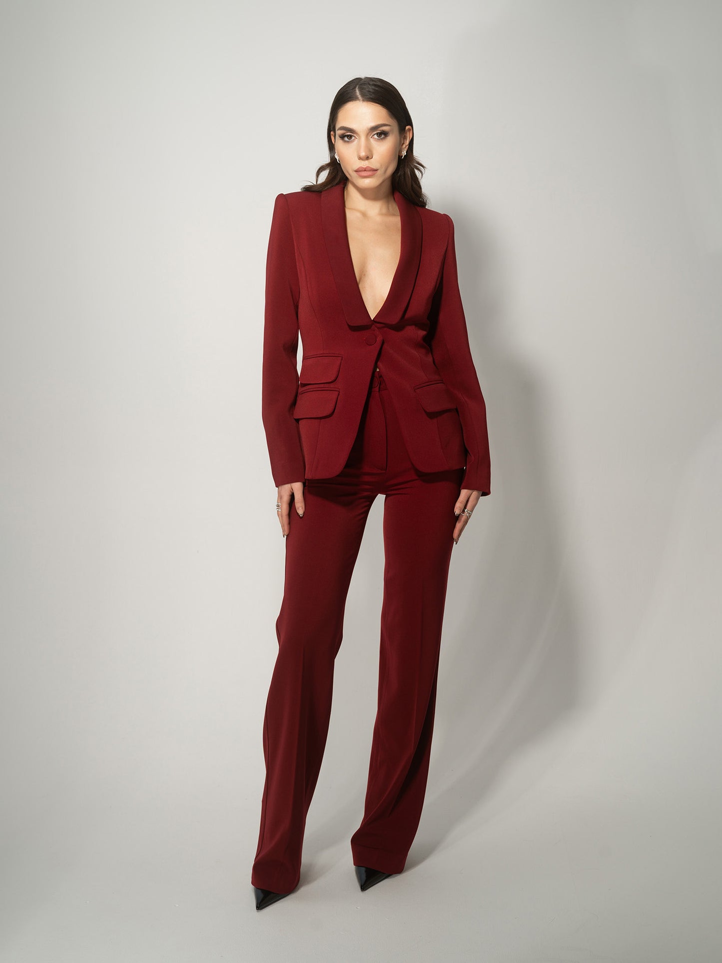 Burgundy Tailored Straight-Leg Trousers by Tia Dorraine Women's Luxury Fashion Designer Clothing Brand