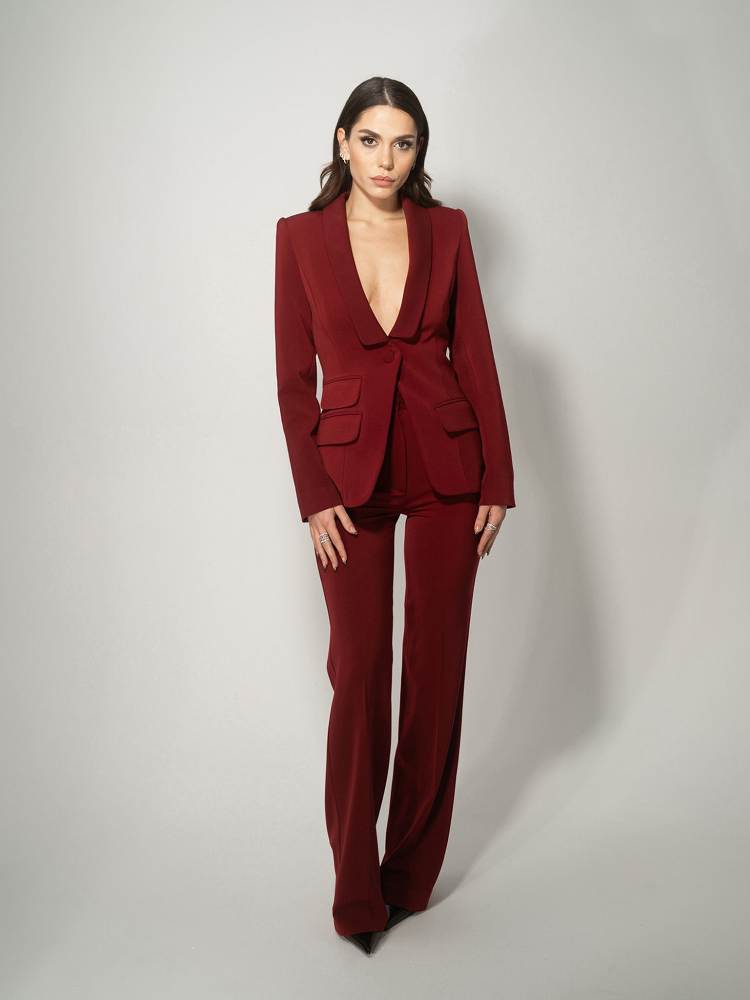 Burgundy Timeless Single-Breasted Blazer by Tia Dorraine Women's Luxury Fashion Designer Clothing Brand