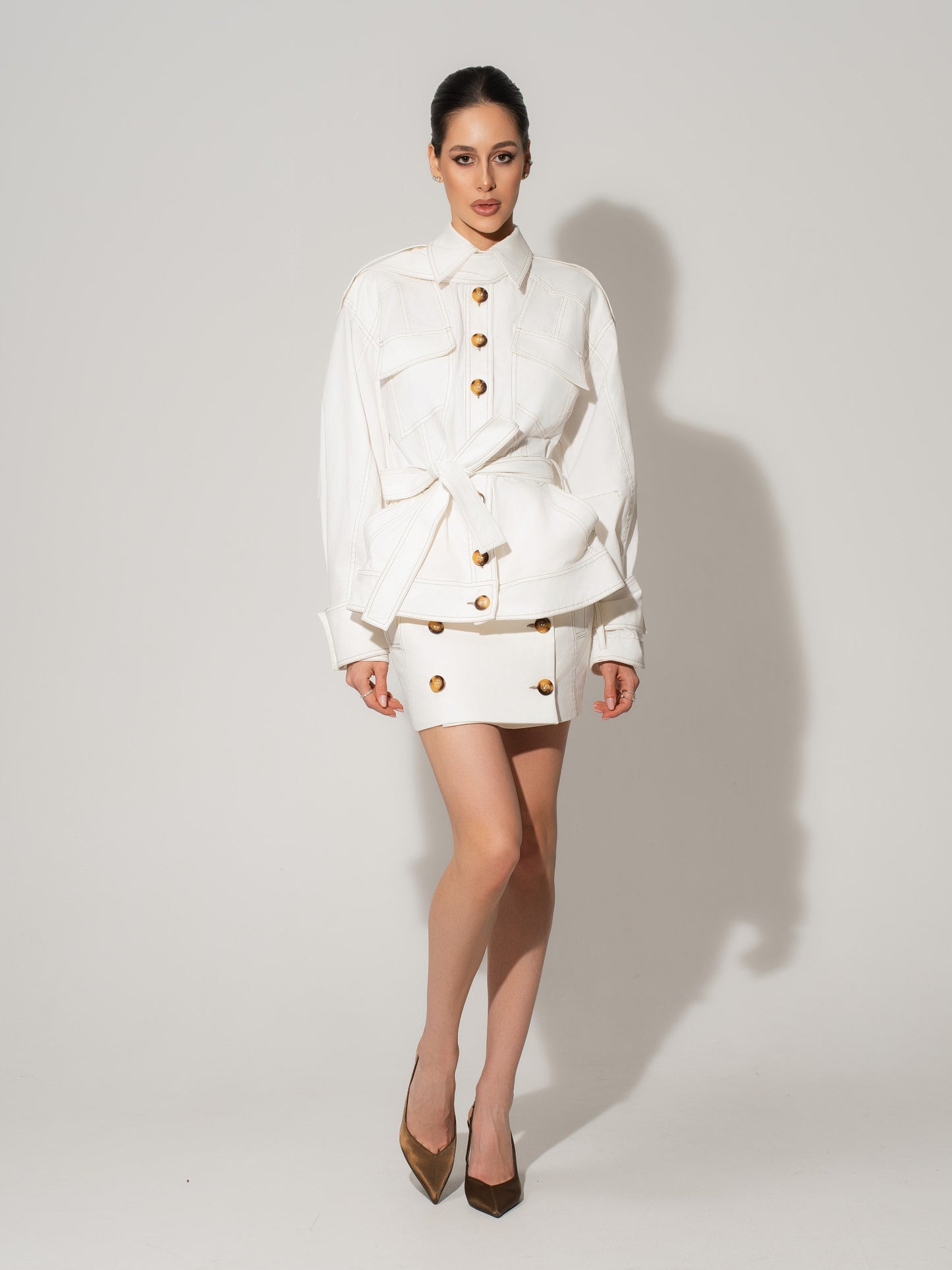 Button Front Mini Skirt - White