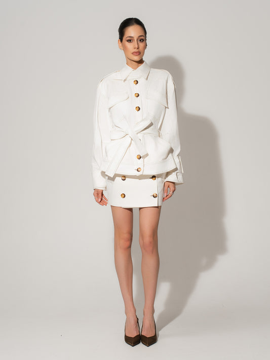 Button Front Mini Skirt - White