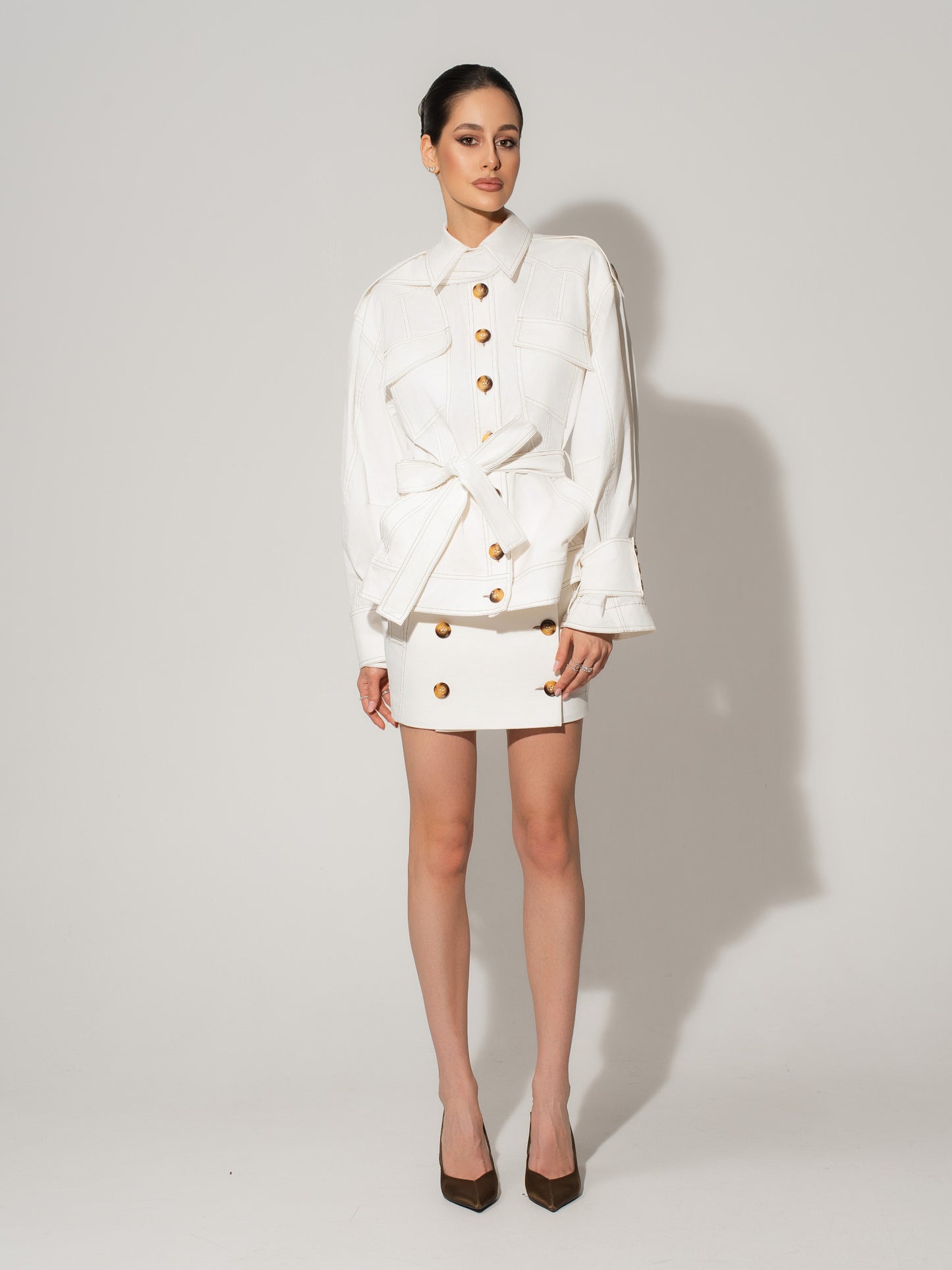 Button Front Mini Skirt - White