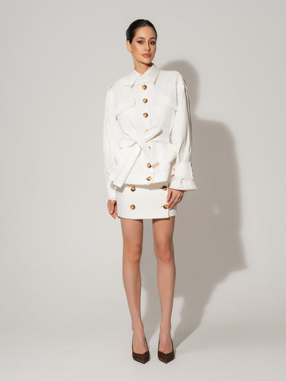 Button Front Mini Skirt - White