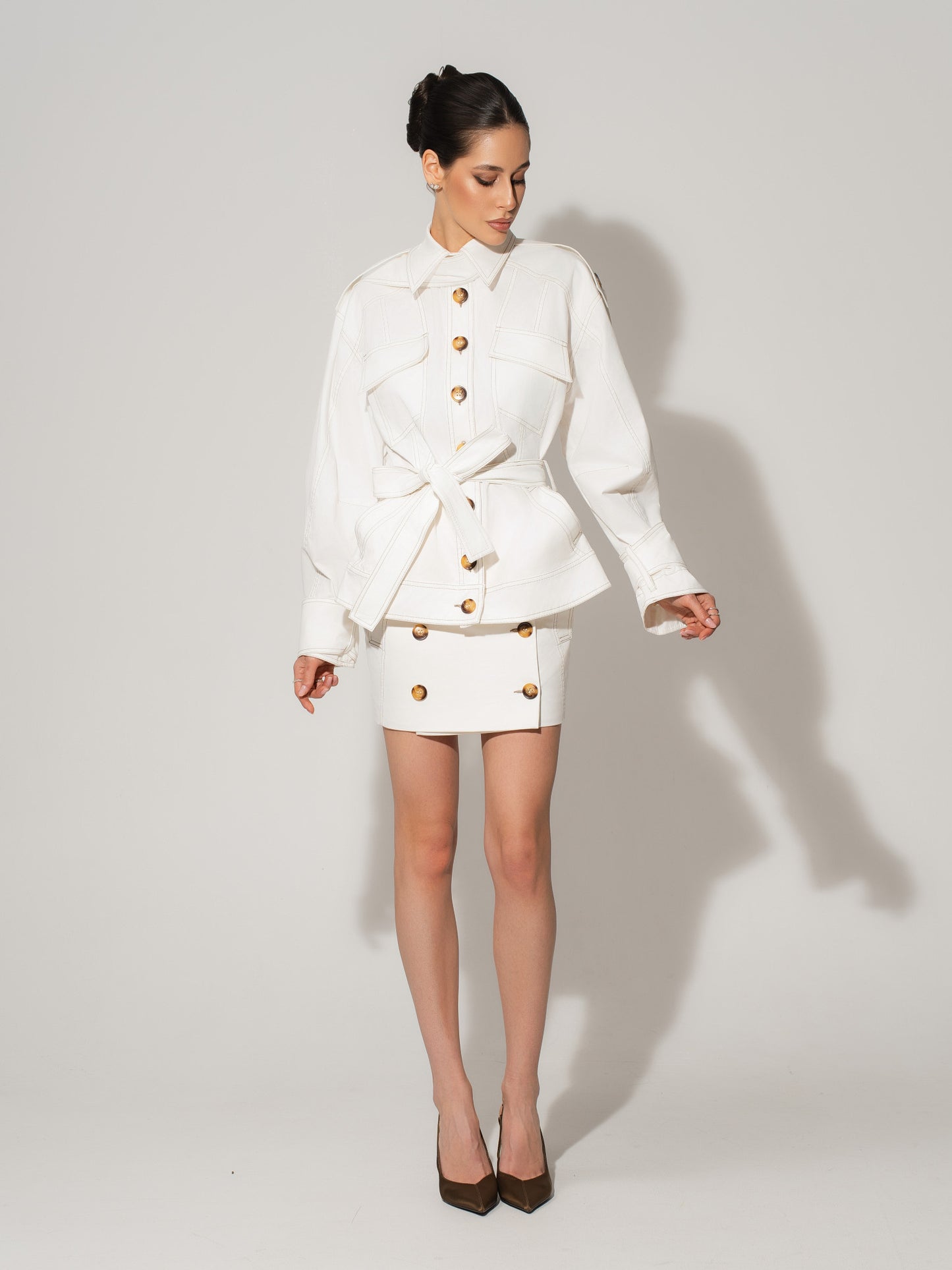 Button Front Mini Skirt - White