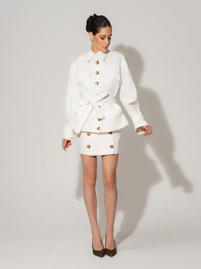 Button Front Mini Skirt - White