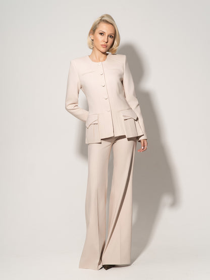 Button Up Collarless Blazer Jacket In Cotton - Beige