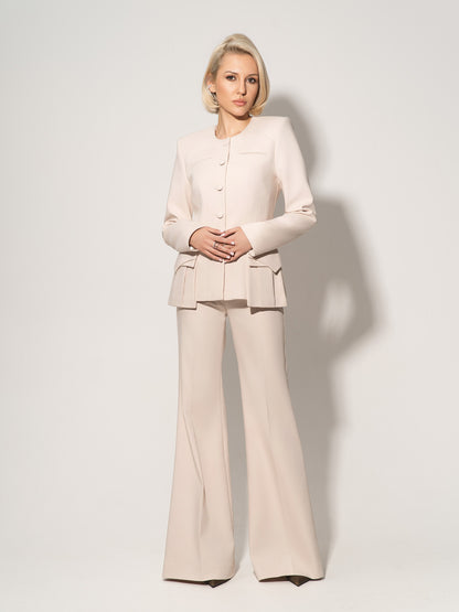 Button Up Collarless Blazer Jacket In Cotton - Beige