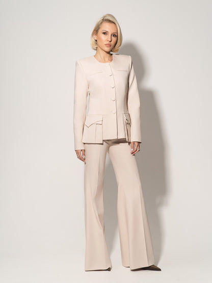 Button Up Collarless Blazer Jacket In Cotton - Beige