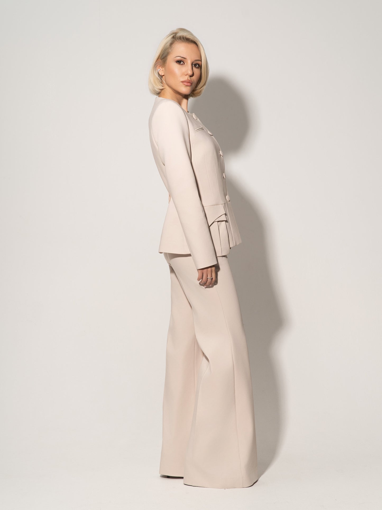 Button Up Collarless Blazer Jacket In Cotton - Beige