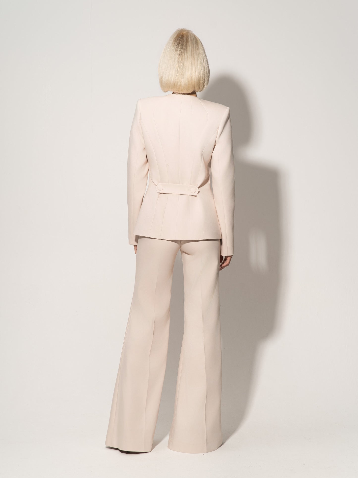 Button Up Collarless Blazer Jacket In Cotton - Beige