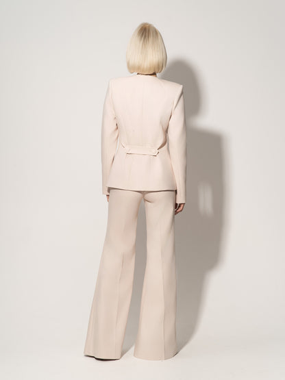 Button Up Collarless Blazer Jacket In Cotton - Beige