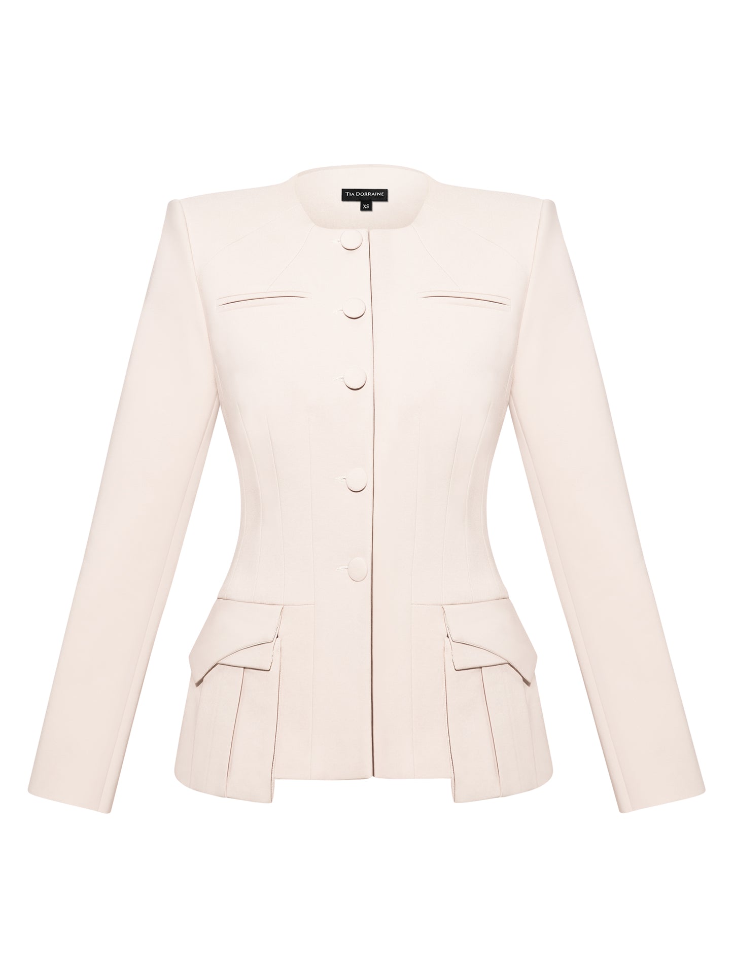 Button Up Collarless Blazer Jacket In Cotton - Beige