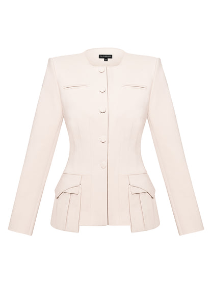 Button Up Collarless Blazer Jacket In Cotton - Beige
