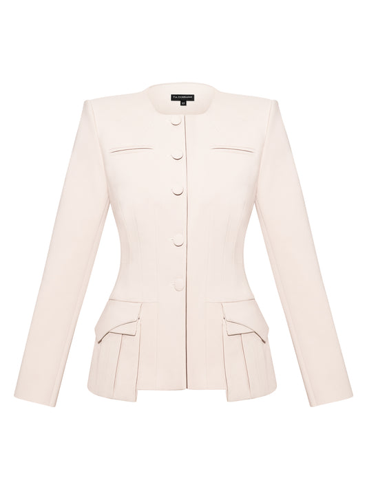 Button Up Collarless Blazer Jacket In Cotton - Beige