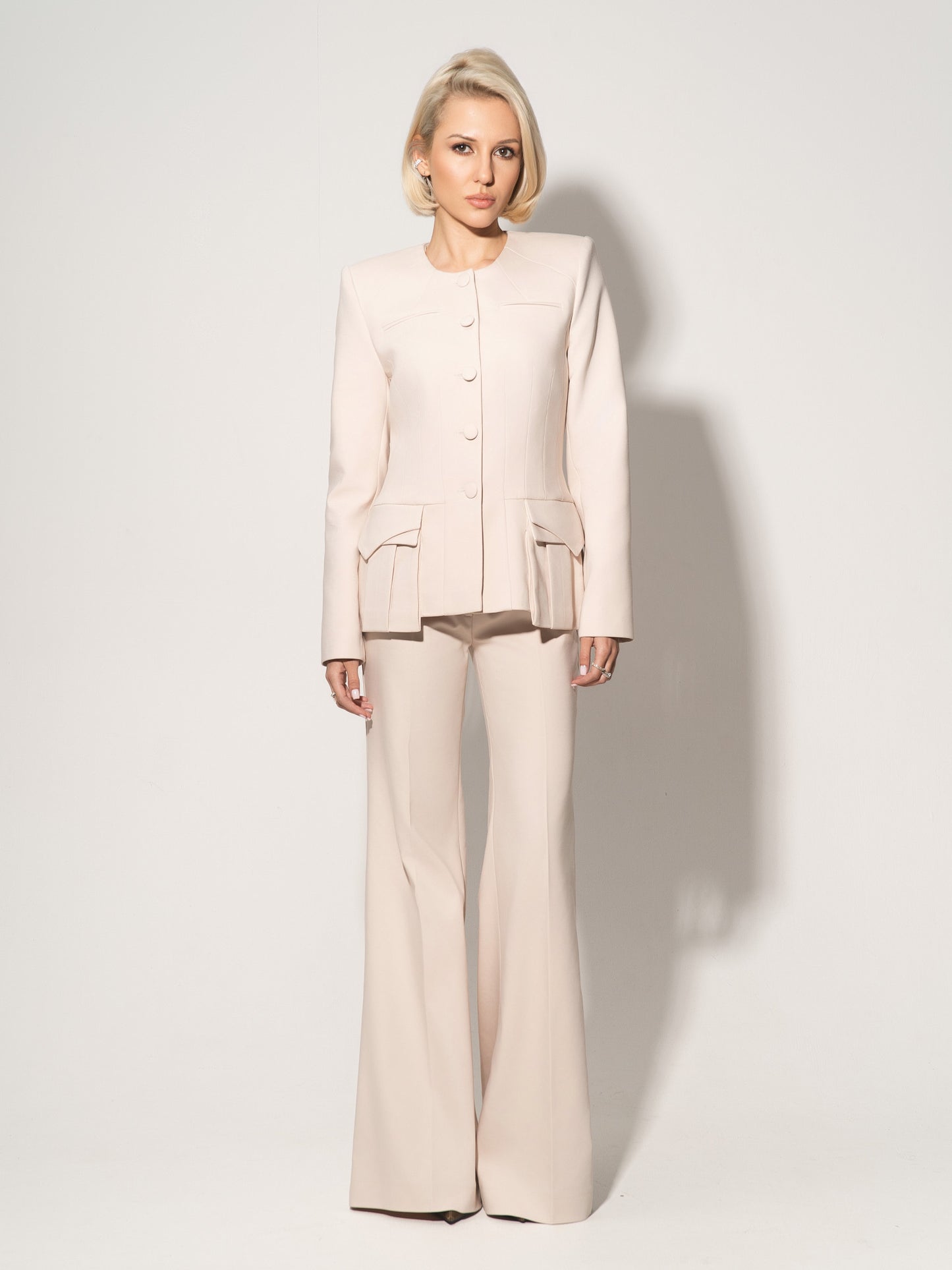 Button Up Collarless Blazer & Flared Trousers Set - Beige