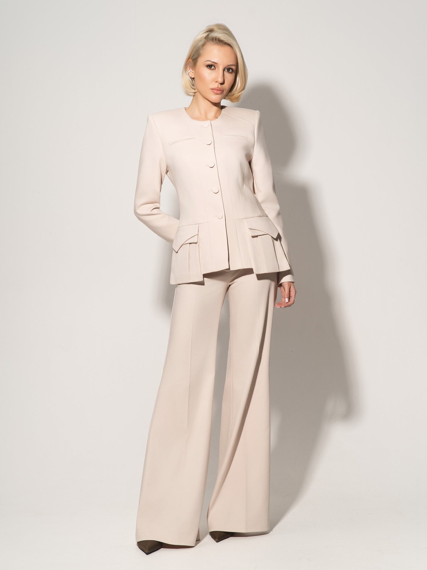Button Up Collarless Blazer & Flared Trousers Set - Beige