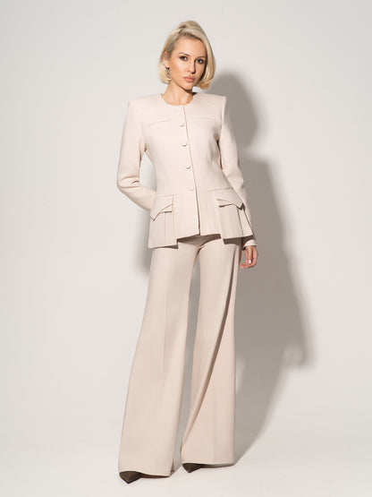Button Up Collarless Blazer & Flared Trousers Set - Beige