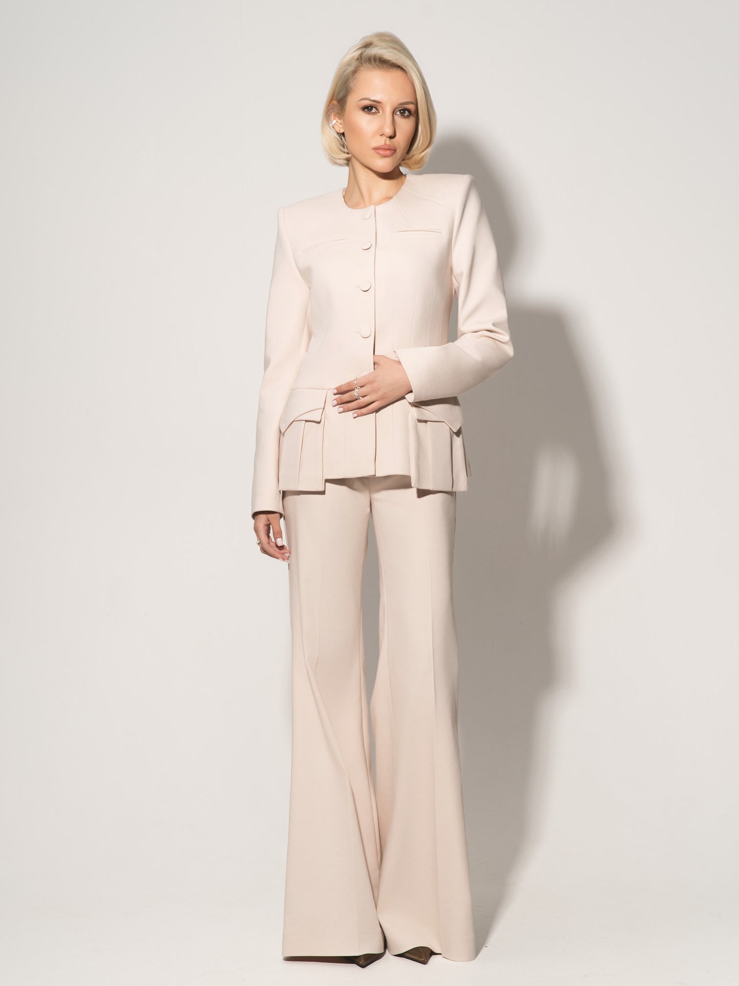 Button Up Collarless Blazer & Flared Trousers Set - Beige