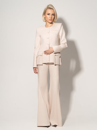Button Up Collarless Blazer & Flared Trousers Set - Beige