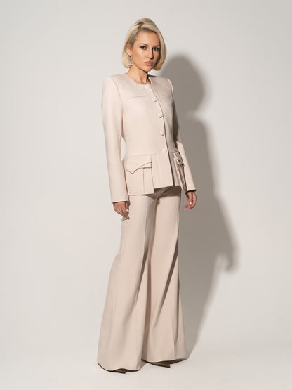 Button Up Collarless Blazer & Flared Trousers Set - Beige
