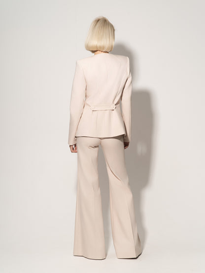 Button Up Collarless Blazer & Flared Trousers Set - Beige