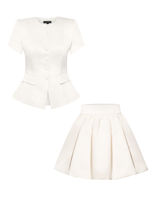 Button Up Short Sleeves Blazer & Skirt Set - Pearl White