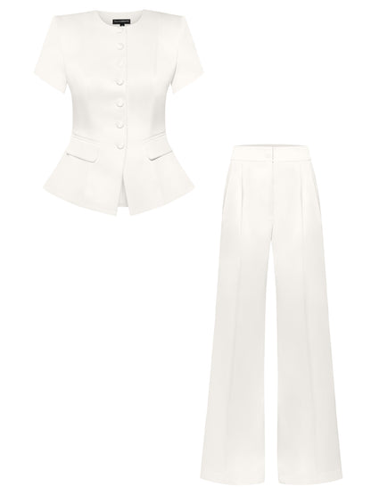 Button Up Short Sleeves Blazer & Trousers Set - Pearl White