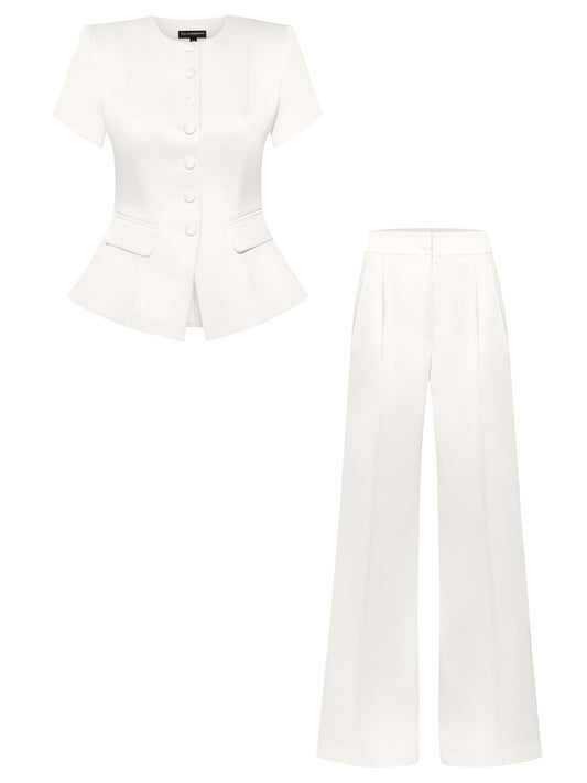 Button Up Short Sleeves Blazer & Trousers Set - Pearl White