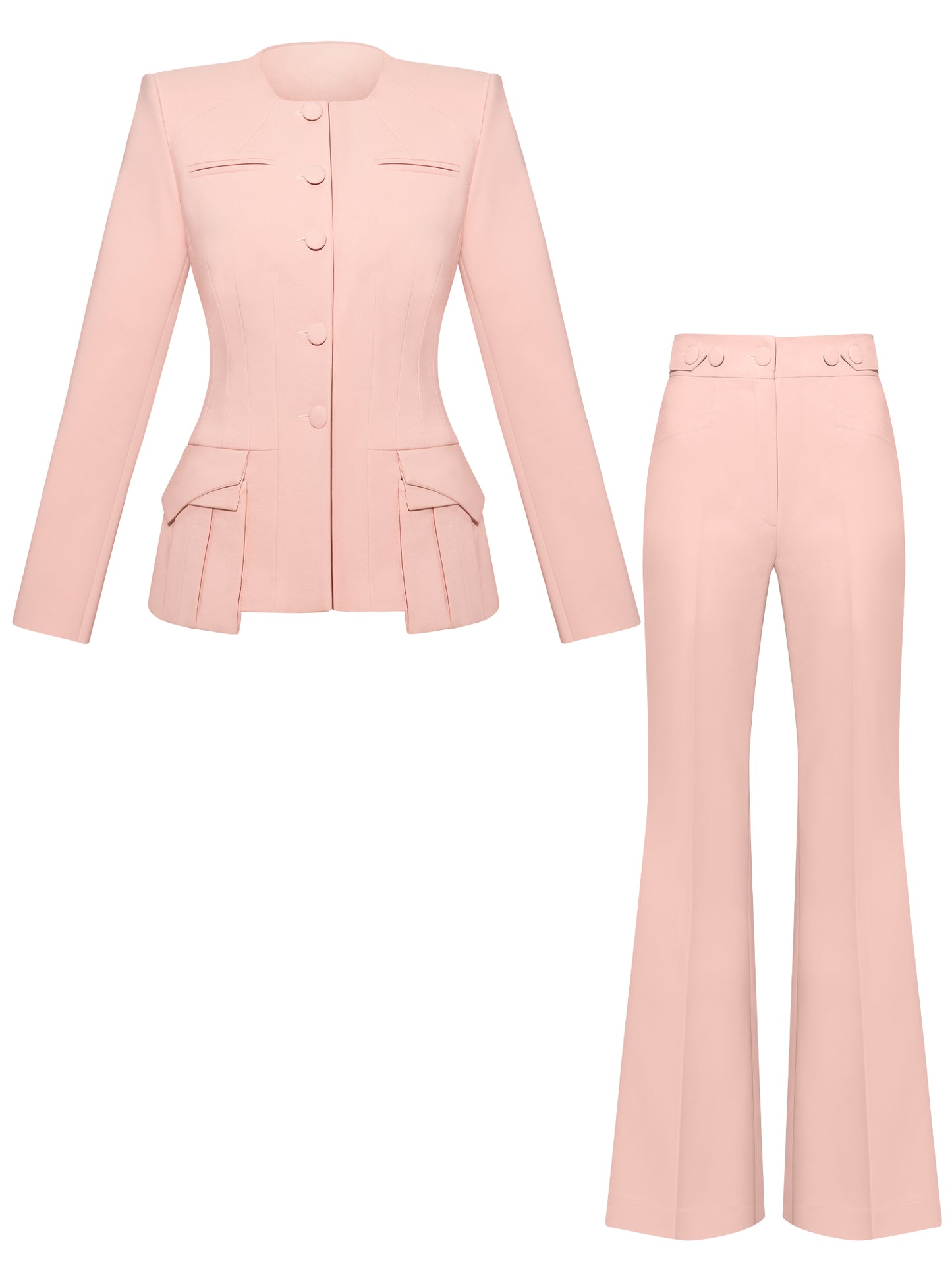 Button Up Collarless Blazer & Flared Trousers Set - Light Pink