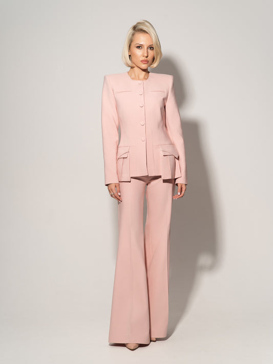 Button Up Collarless Blazer & Flared Trousers Set - Light Pink