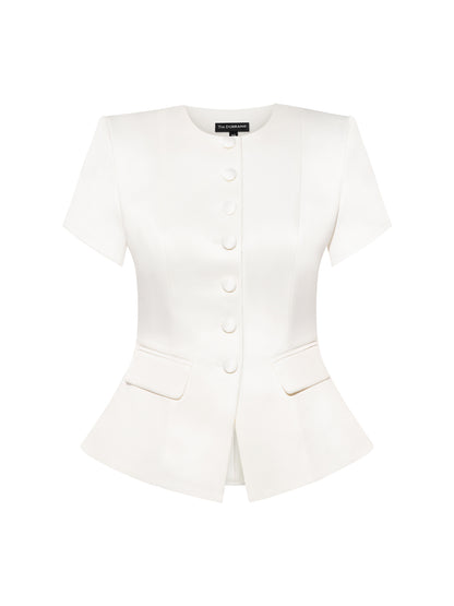 Button Up Short Sleeves Blazer - Pearl White