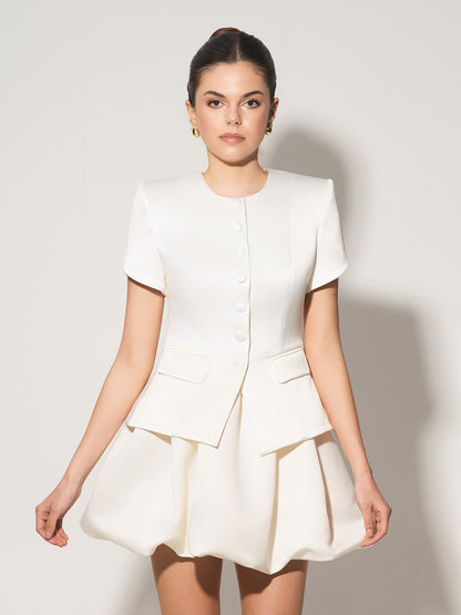 Button Up Short Sleeves Blazer - Pearl White