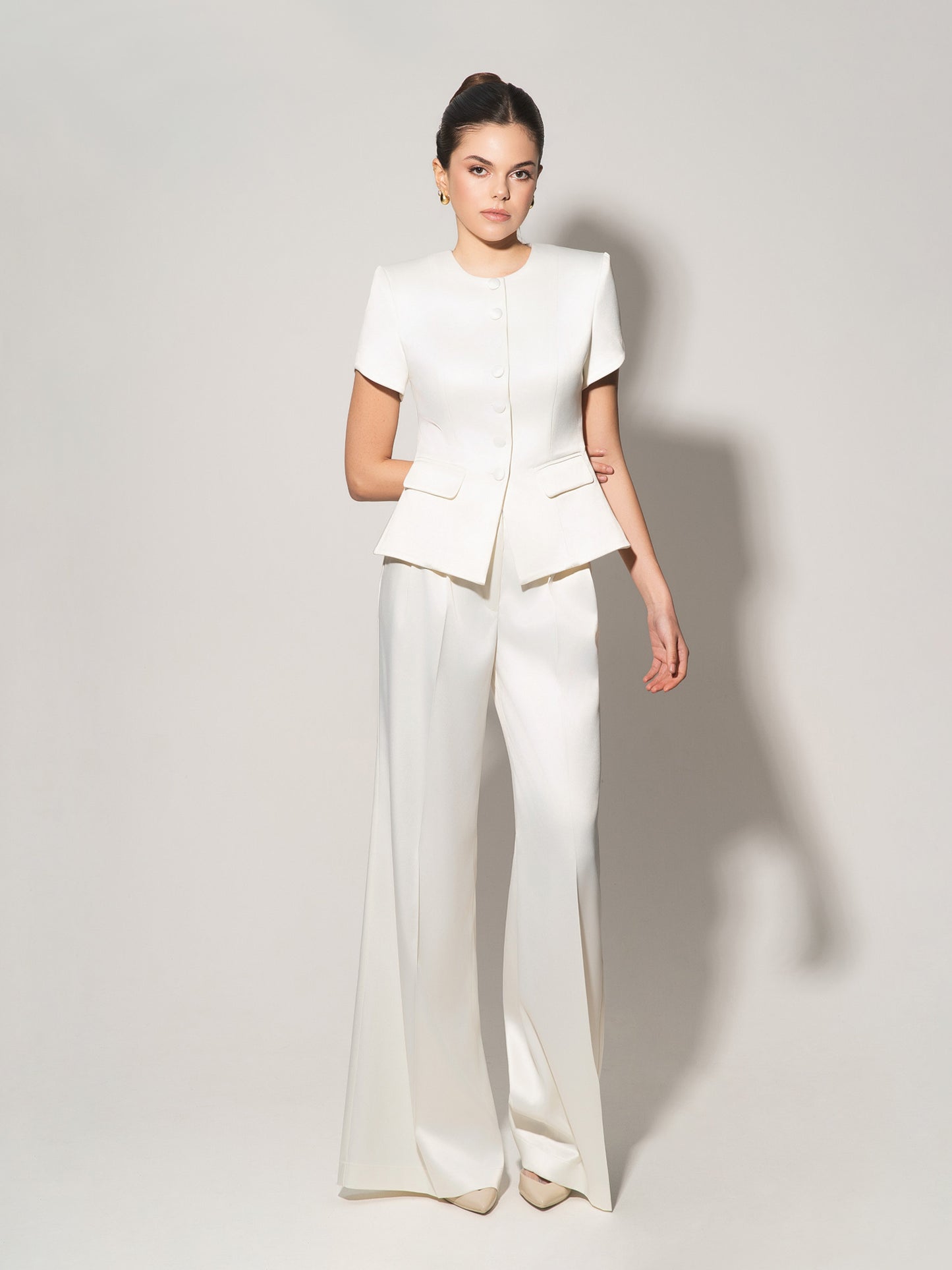 Button Up Short Sleeves Blazer - Pearl White