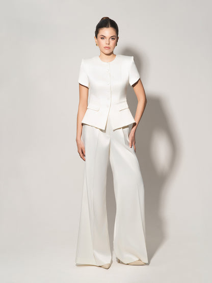 Button Up Short Sleeves Blazer - Pearl White