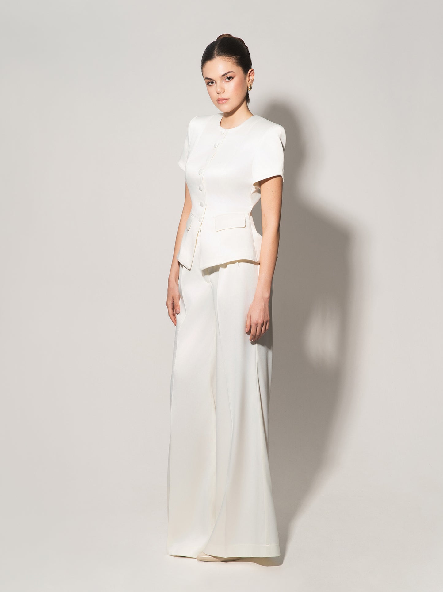 Button Up Short Sleeves Blazer - Pearl White