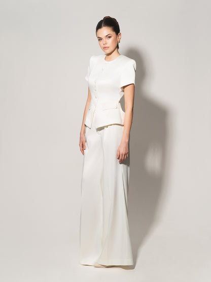 Button Up Short Sleeves Blazer - Pearl White