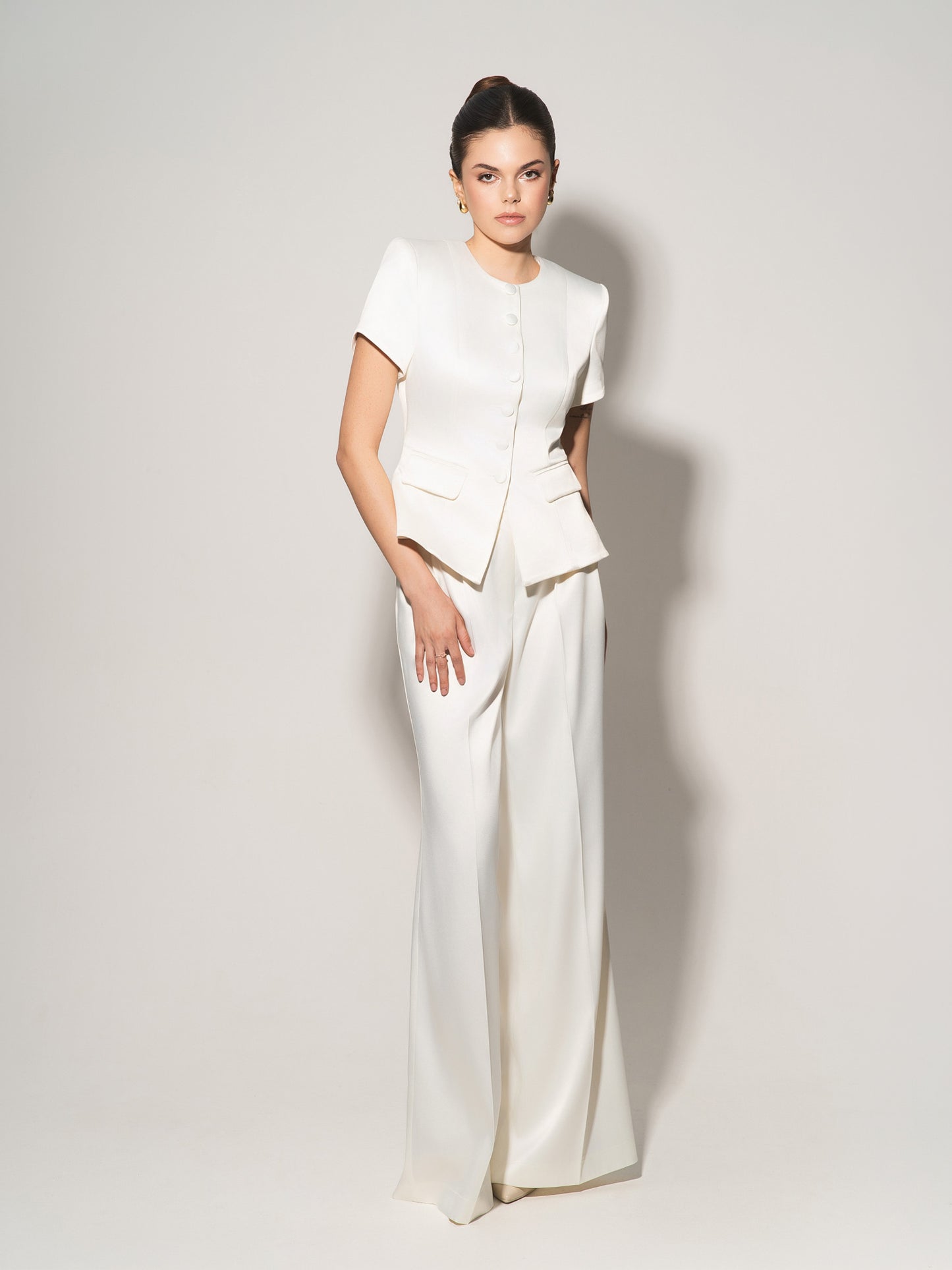 Button Up Short Sleeves Blazer - Pearl White