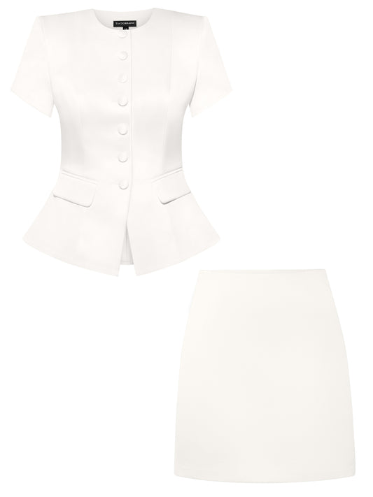 Button Up Short Sleeves Blazer & Mini Skirt Set - Pearl White