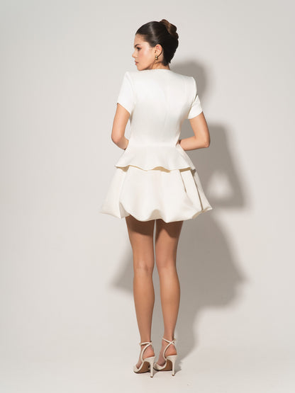 Button Up Short Sleeves Blazer & Balloon Skirt Set - Pearl White