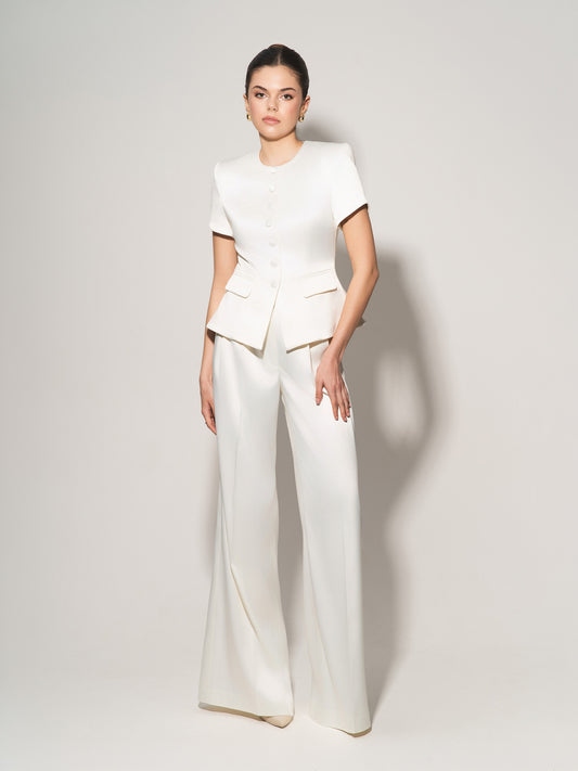 Button Up Short Sleeves Blazer & Trousers Set - Pearl White