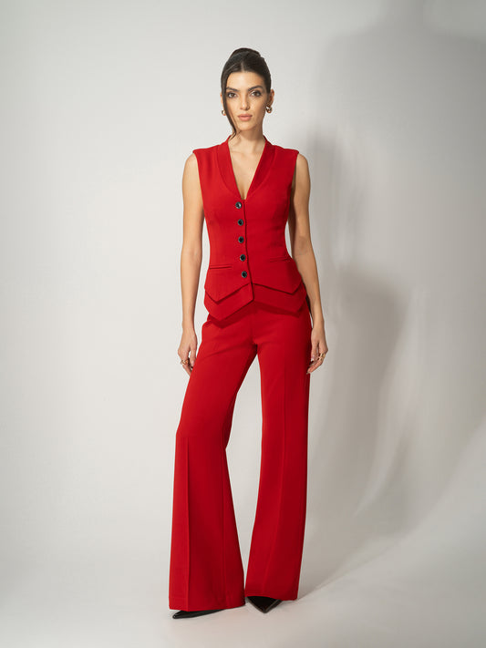 High-Waist Flared Trousers - Fierce Red