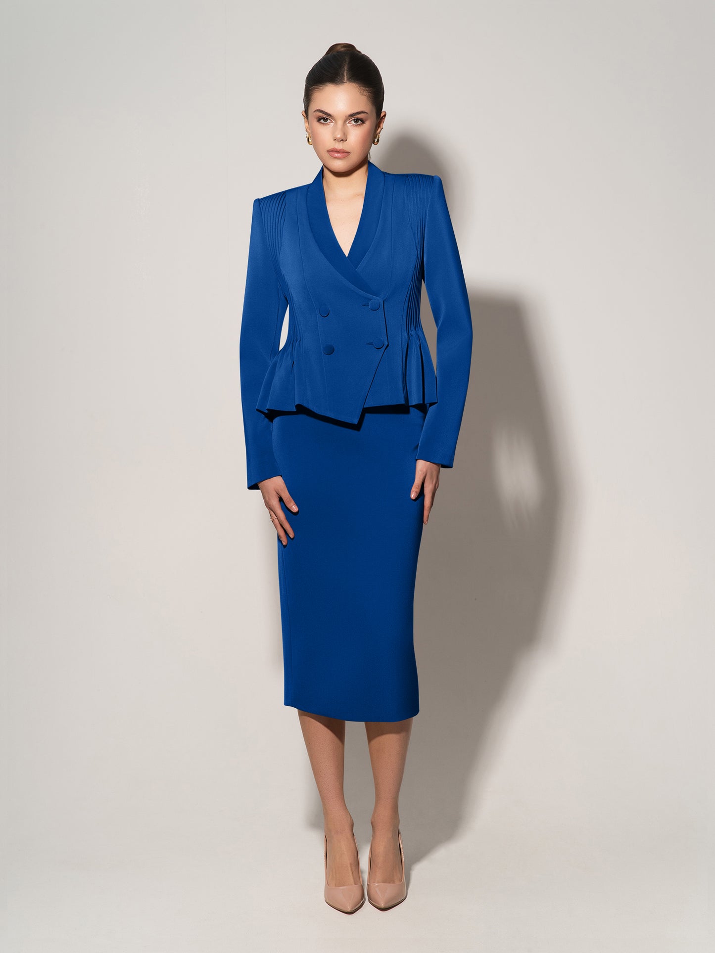 Double-Breasted Blazer With Pleated Details - Azure Blue