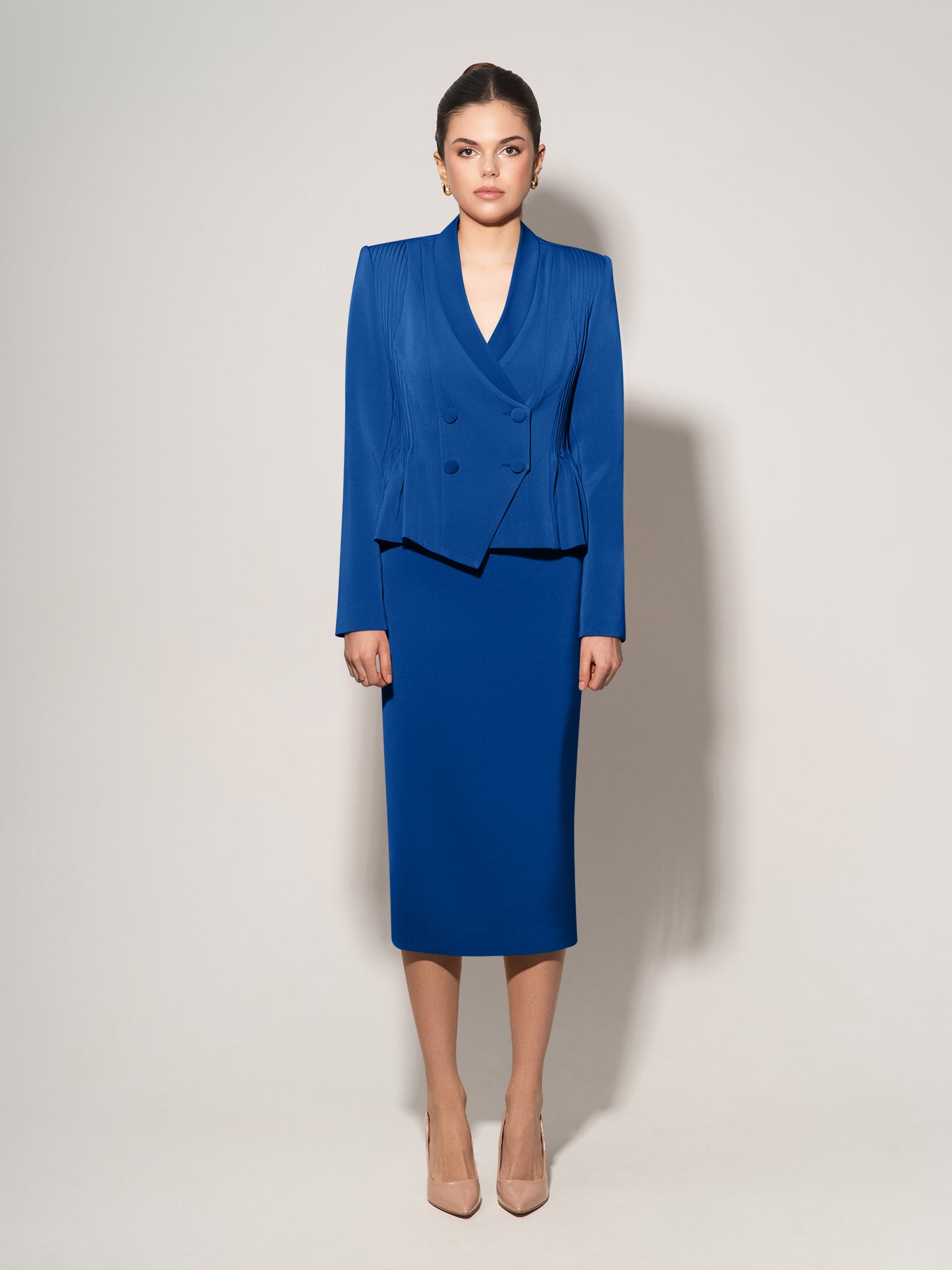Double-Breasted Blazer With Pleated Details - Azure Blue